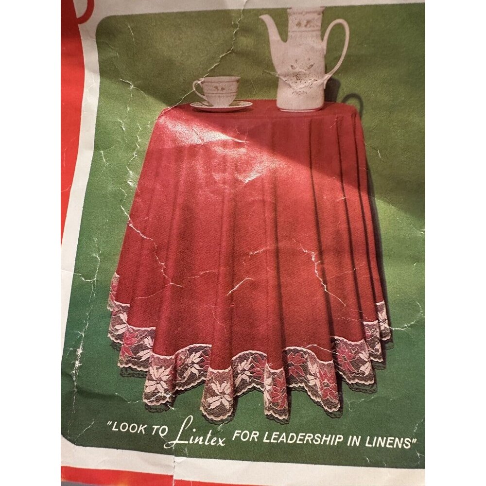 Vtg  Lintex Charm  Red Poinsettia Christmas Holiday Tablecloth Lace Edge 60x106